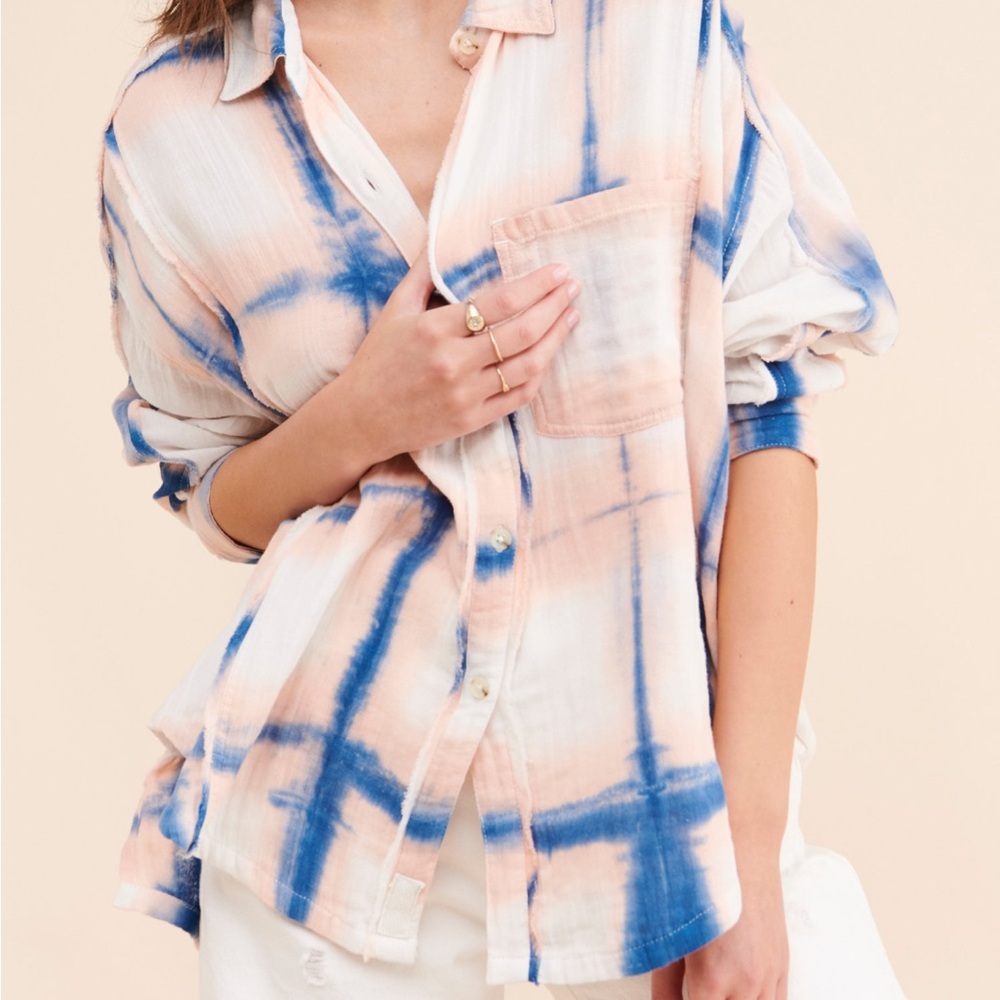 We The Free by Free People-Size XS-Plaid Washed Away Tie Dye Button Front Top